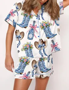 Western Coastal Cowgirl Satin Pajama Set For Women Breathable Sleepwear Softy