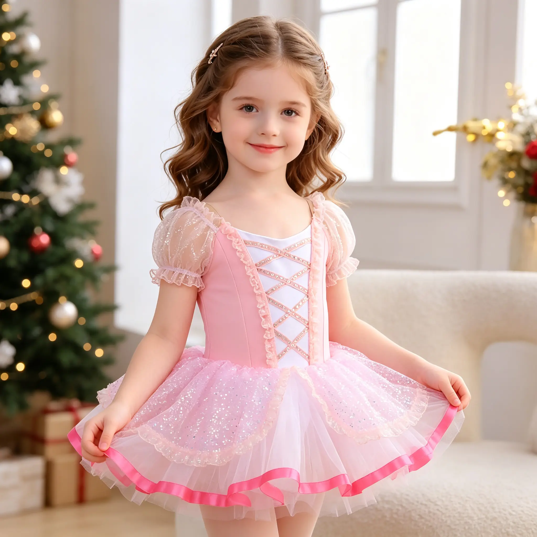 Girls' Pink Princess Ballet Dress - Short Puff Sleeve Sequin Tulle Tutu, Kids' Dance Wear for Stage Shows, Holiday Dress-Up