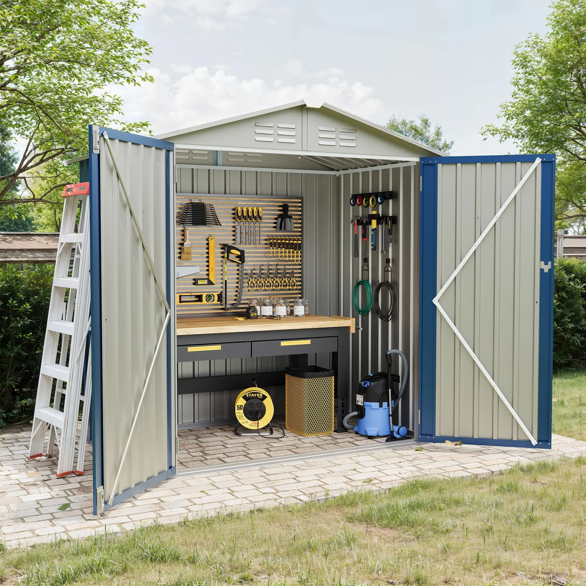 6X4 FT Outdoor Storage Shed, Galvanized Steel Outdoor Storage Shed, 130 Cu Ft Weather Resistant Garden Tool Sheds with Door & Sloped Roof, Blue