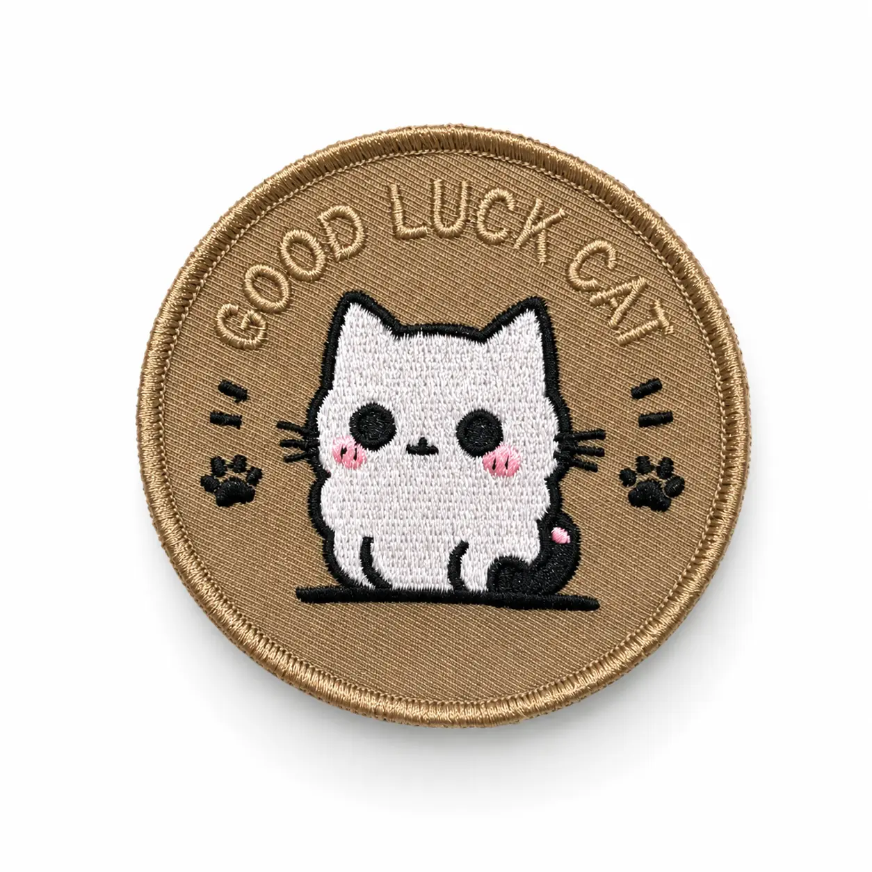Good Luck Cat Hook and Loop Patch, Round Embroidered Cat Morale Patch with Gold Border for Backpack Hat Jacket