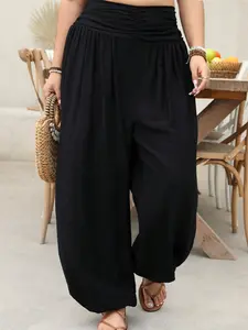 Plus Size All-Season Wide-Leg Loose Fit Casual Pants, Shirred Design, Natural Waist, Long Regular Length, Lazy Vacation Style Bottom