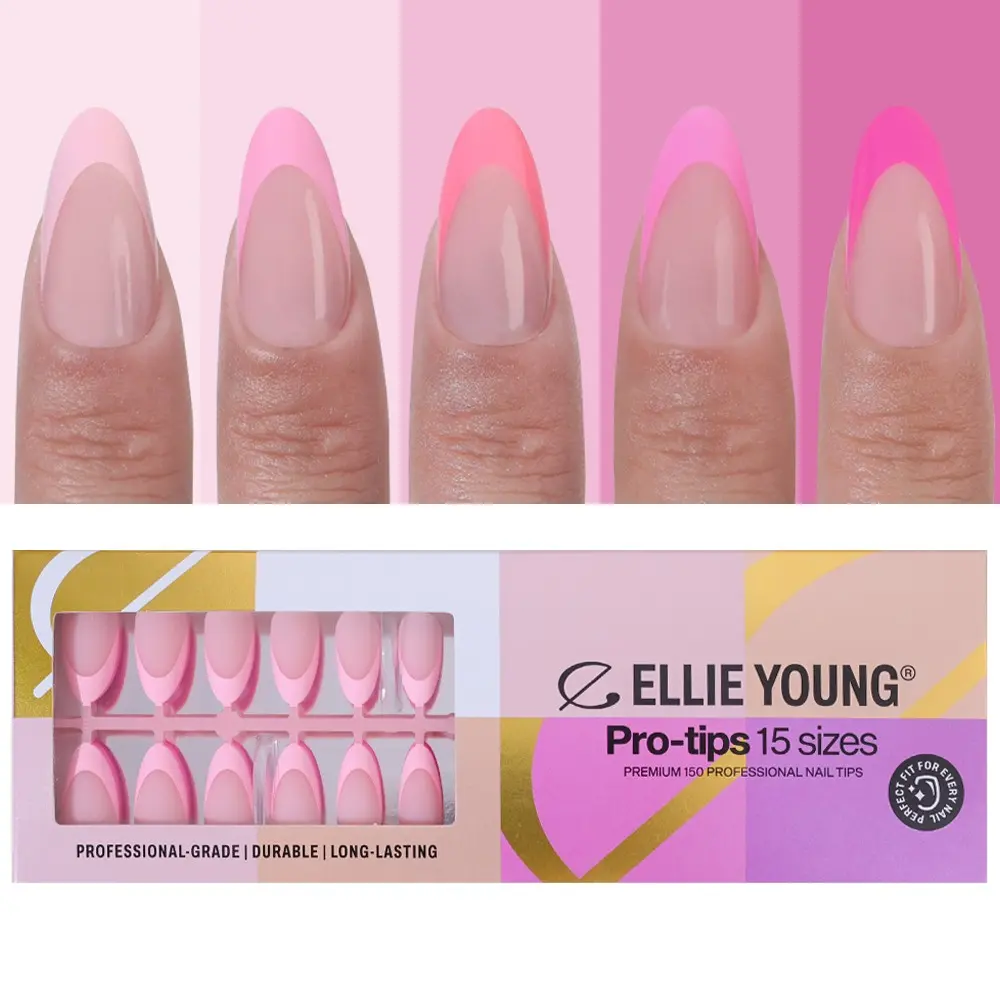 ELLIE YOUNG PRO-TIPS Medium Almond Pink Pastel French Tips, 150pc Press-On Nails Kit – 15 Sizes, Matte Gel Acrylic Look, Soft Gel Nail Art DIY Extensions