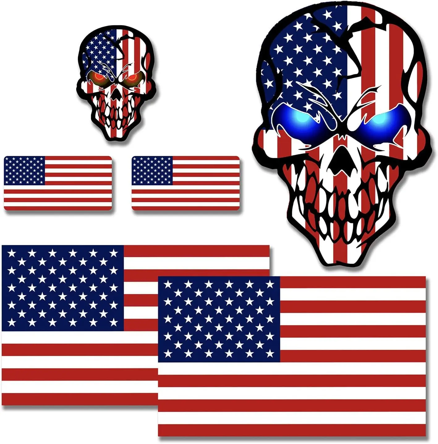 6pcs Reflective American Flag Stickers, USA Flag Skull Decal, Car Stickers for Motorcycle Trucks (3 Pack, 5" x 3"), Hard Hat Stickers (3 Pack, 2" x 1")