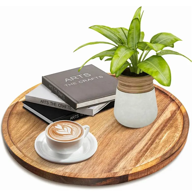 11.5 Inches Round Acacia Wood Tray, Decorative Serving Tray for Home Decor, Coffee Table, Kitchen, Dining Room, Candle Tray, Appetizer Board