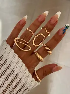 7pcs Piece Set Irregular Matte Stackable Rings, Boho Style Geometric Durable Zinc Alloy Finger Jewelry, Daily Wear All Seasons Holiday Party Accessories