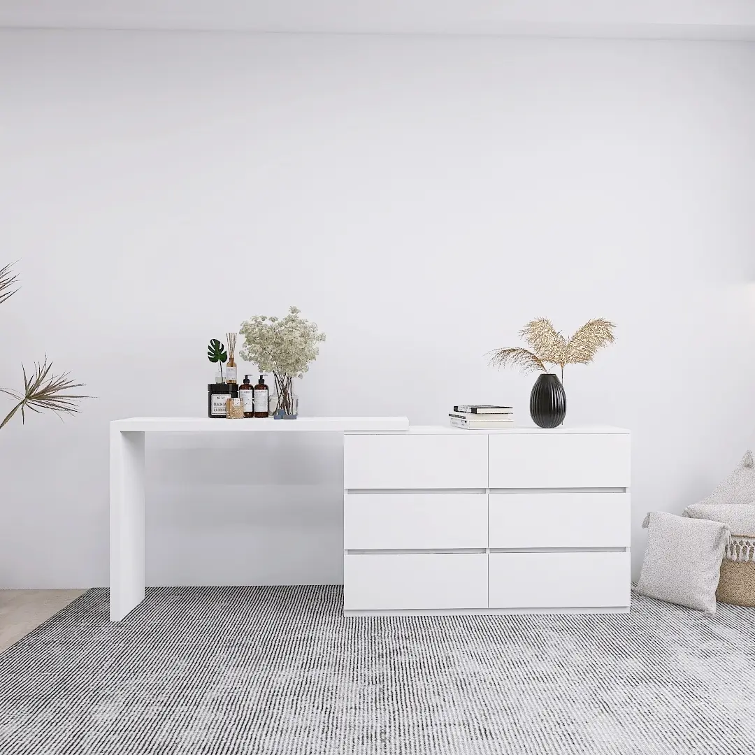 6-Drawer Chest with Vanity Desk, White Engineered Wood Storage Cabinet for Bedroom, Modern Minimalist Dresser with Smooth Gliding Drawers, Sturdy Side Panels, Waterproof Top, 15W x 45.3D x 30.7H in