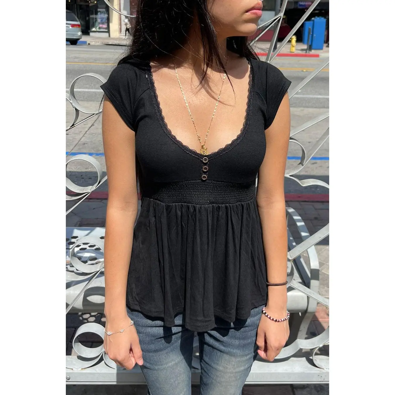2000s Vintage Plunging Neck Babydoll Short Sleeve Top