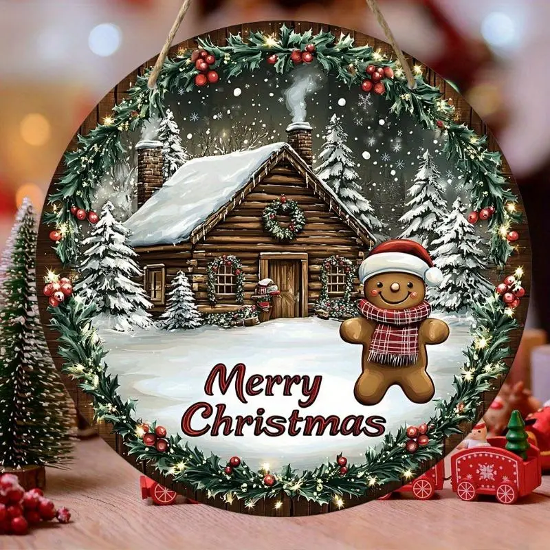 Merry Christmas Themed Wooden Hanging Ornament, 1 Count Round Gingerbread Man & Cabin Design Hanging Decoration, Hanging Decor for Home Party Festival