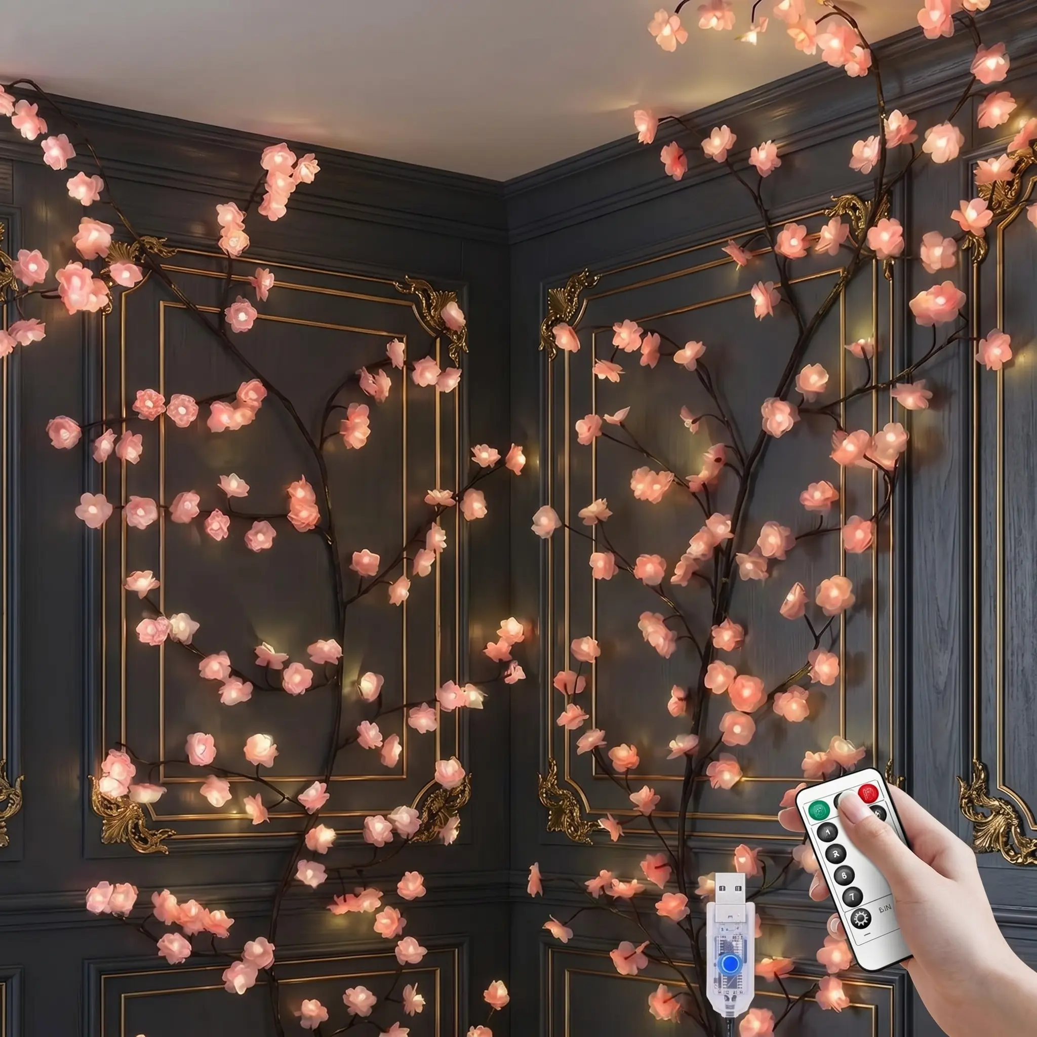 Indoor Holiday Cherry LED Branch Wall Lights, 63in 72-LED DIY Flexible Willow Vine Twig Garland, Remote-Operated with 8 Flashing Modes, Timer, Energy Efficient, Furniture Wrapping DIY Wall Art Decor, Color Changing