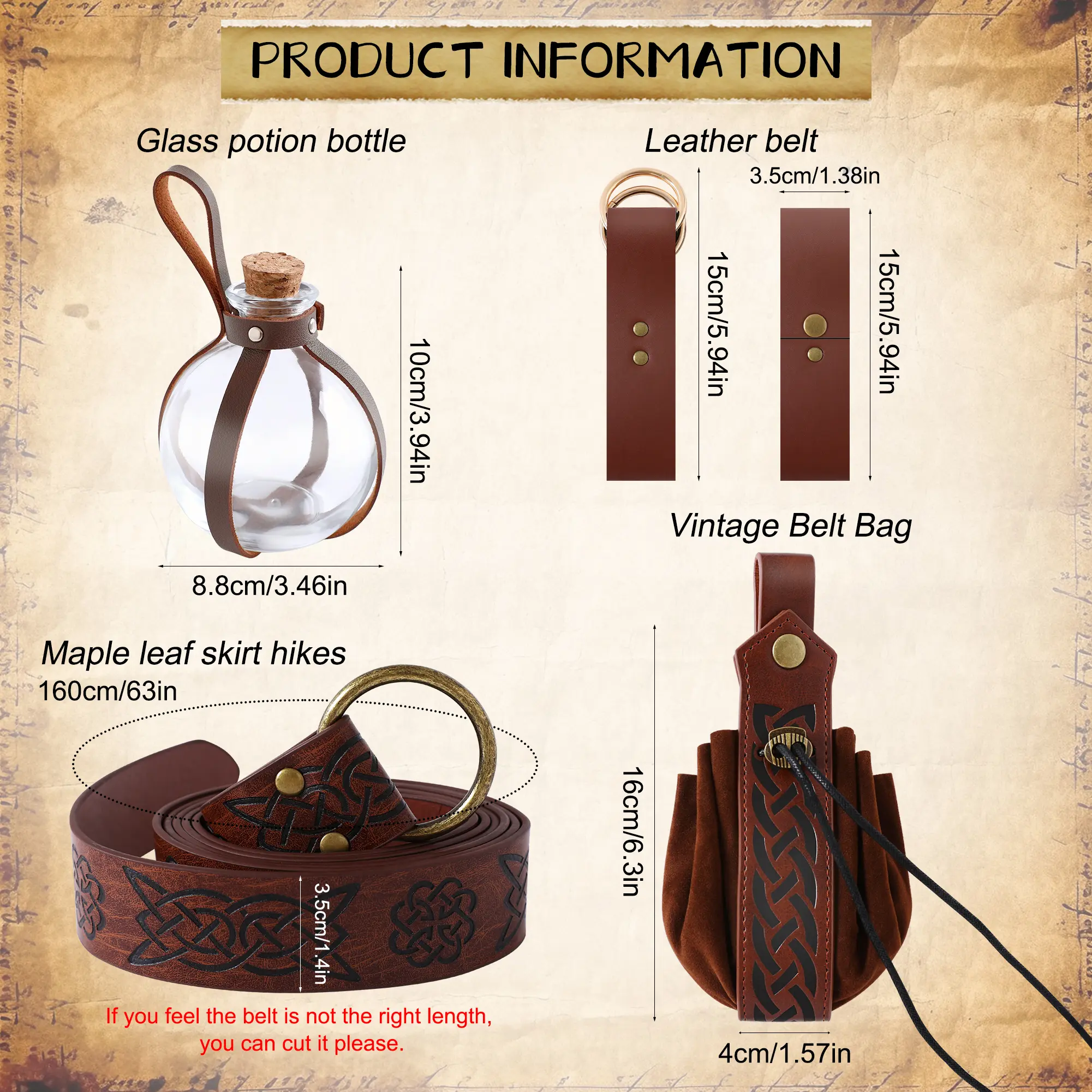 Men's Vintage Medieval Renaissance Costume Accessory Set - Viking Faux Leather Belt with Straps, Matching Drawstring Pouch, 8.5 oz Potion Bottle & Belt Hanging Loops for Pirate Halloween Birthday Party
