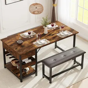 3 Piece Dining Table Set for 4, Farmhouse Kitchen Dining Table with Upholstered Benches, Dining Room Set with Storage Drawers & Wine Rack, for Small Spaces, Apartment