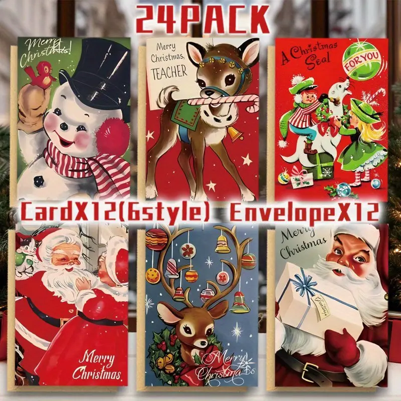 24pcs Vintage 1950s Style Christmas Card Set with Envelopes - Retro Snowman, Reindeer, and Santa