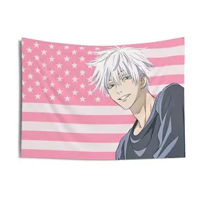 Gojo Satoru Tapestry Anime White hair men pink Room Flag Wall Art Hanging, Light Linen colorful decorative Cotton