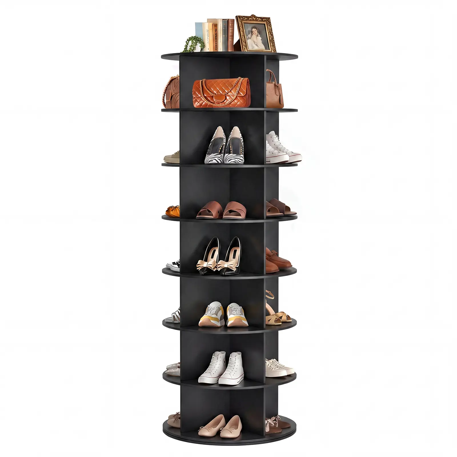 360° Rotating Shoe Rack Tower, 7-Tier Lazy Susan Shoe Organizer with 28 Compartments, Spinning Space Saving Shoe Shelf, Waterproof Tool-Free PVC Shoe Storage for Closet Entryway, Black
