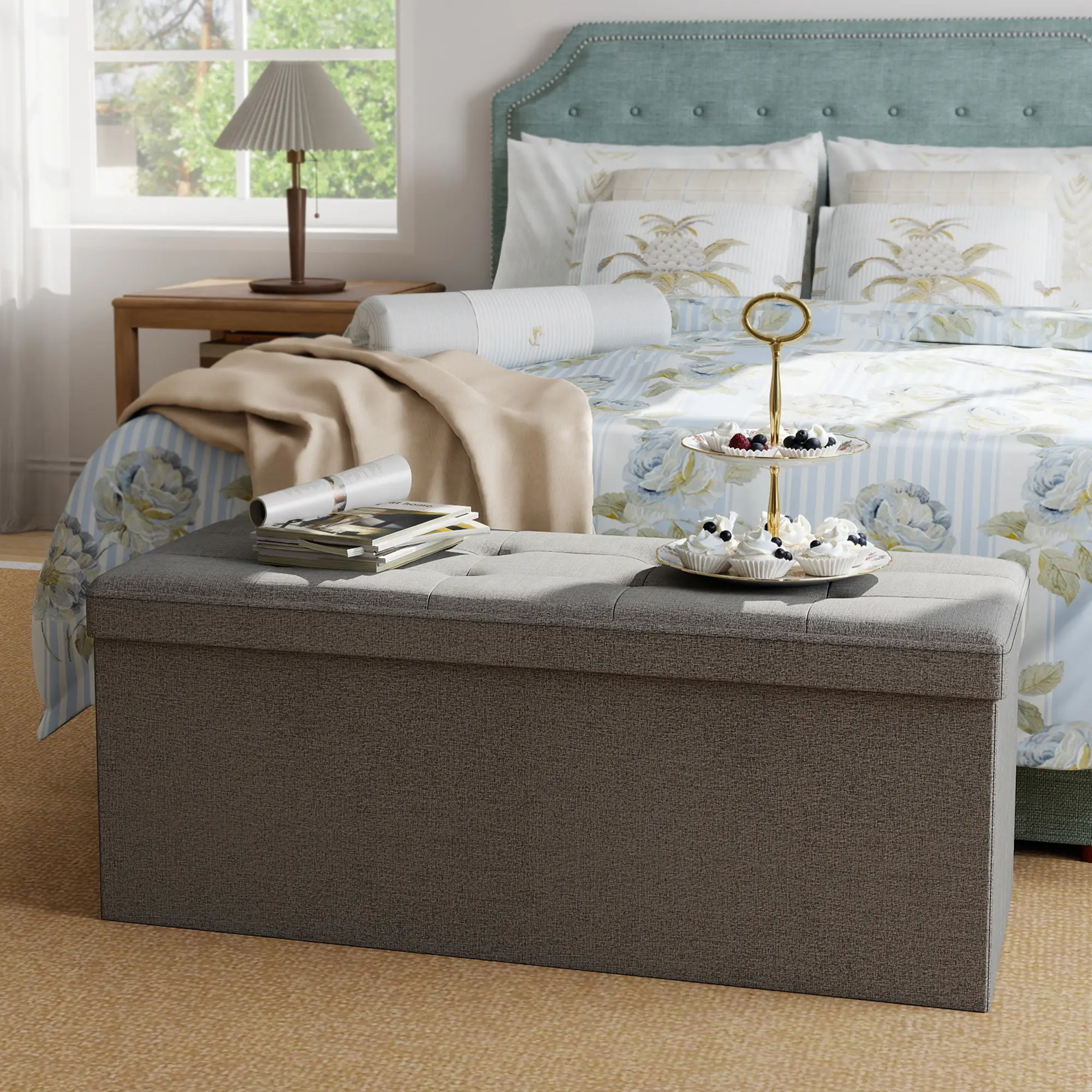 43.5 Inch Foldable Upholstered Storage Ottoman Bench, MDF Base Thick Sponge Padded Seat, 660 Lbs Weight Capacity Quick Assembly Storage Chest Footstool, Bed End Organizer Bench for Living Room Small Space Entryway homeessentials