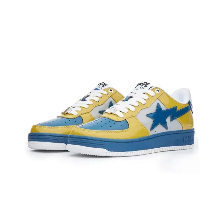 Vibrant Yellow & Blue Color Block Full Grain Leather Low Top Casual Sneakers, Stylish Star Lightning Side Print, Flat Non-slip Rubber Outsole, Classic Lace-up Street Fashion Skateboard Shoes For Daily Outfit & Hip Hop Style Matching