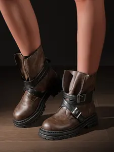 Women's Military Short Boots, Casual Comfortable High-Top Non-Slip Slip-On Wide Mouth Design, Thick Sole PU Winter Boots