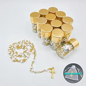 US LUOKASI 4/12pcs Baptism Favors White Wooden Beads Rosary in Gold Cap Glass Bottle Jar Recuerdos De Bautizo Quinceanera Wooden Beaded Christening Quinceanera Holy Communion Gifts