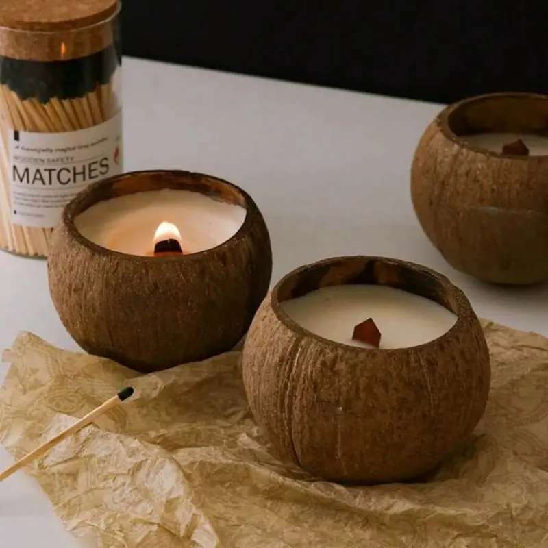 Set of 1/3, coconut shell candle, size 3.9 x 2.8 inches, handmade poured Tropical coconut bowl candle - pineapple and papaya scent, double-wax blend, soy wax scented candle, wooden wick, Home Fragrance Decor, Soy Candles, Decoration, Decorative