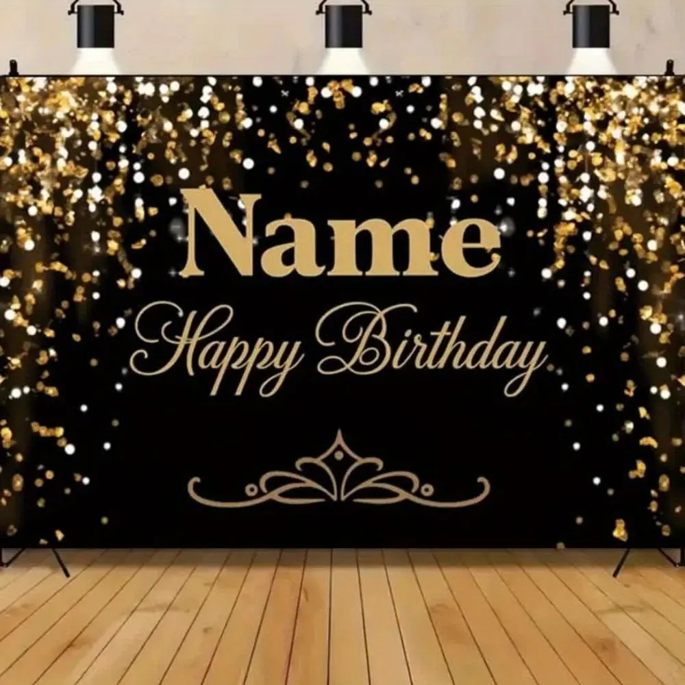 1PC Reusable Polyester 2D Flat Custom Name Black Gold Sequin Happy Birthday Backdrop Banner - Personalized Party Decoration, Photo Background Cloth, Festive Wall Hanging (Home & Festive Party Supplies), Photo Booth