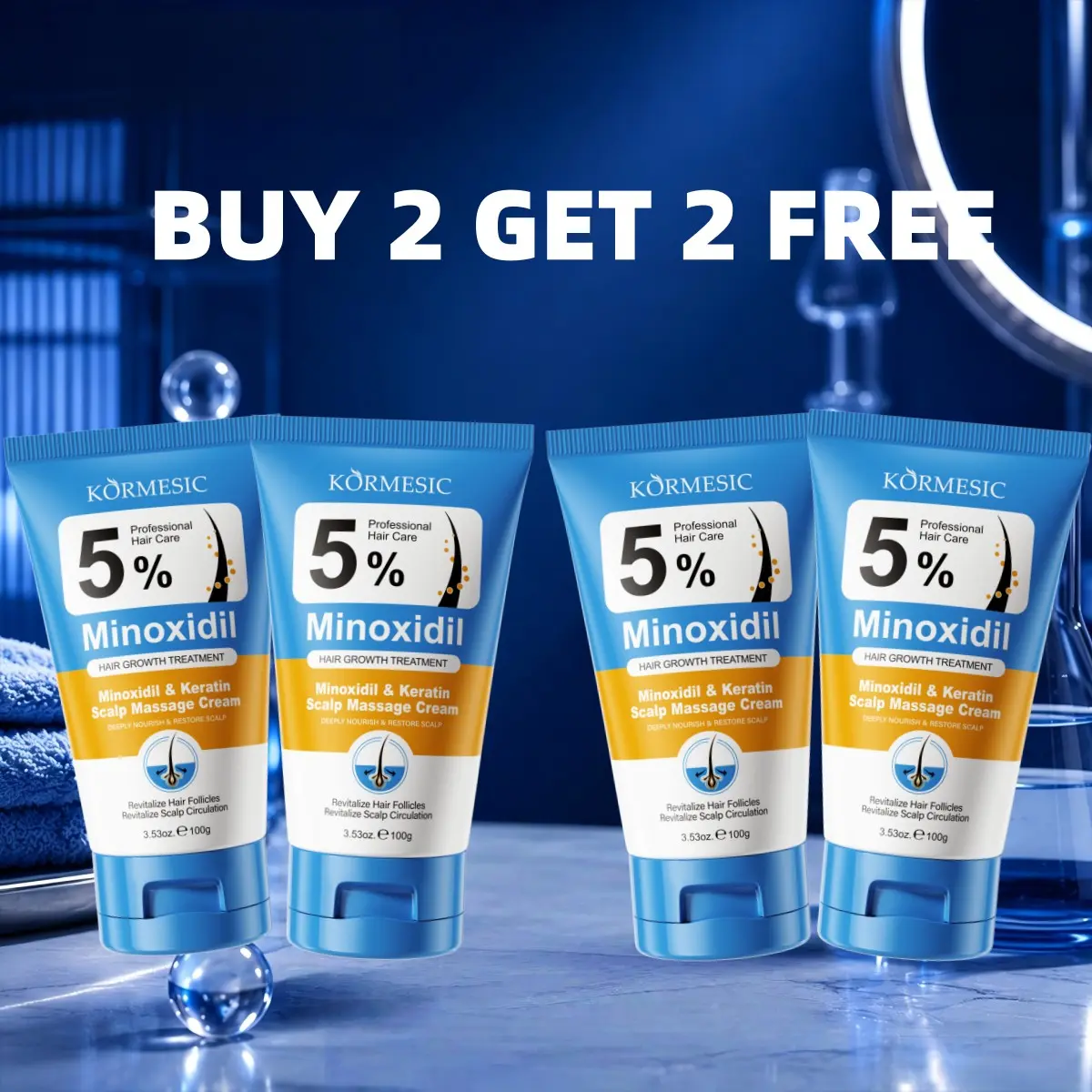 BUY 2 GET 2 FREE, KORMESIC 5% Minoxidil Scalp Massage Cream 100g*4PCS, New Upgraded Formula, Nourish hair roots, strengthen strands and reduce breakage, soothe scalp and improve dry frizzy hair, Keratin Ginger Extract helps repair hair