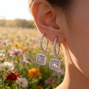 S925 silver plated cushion cut moissanite earrings, luxurious halo diamond earrings, skin-friendly design, hypoallergenic halo drop earrings, engagement and wedding jewelry for women, romantic gift for her