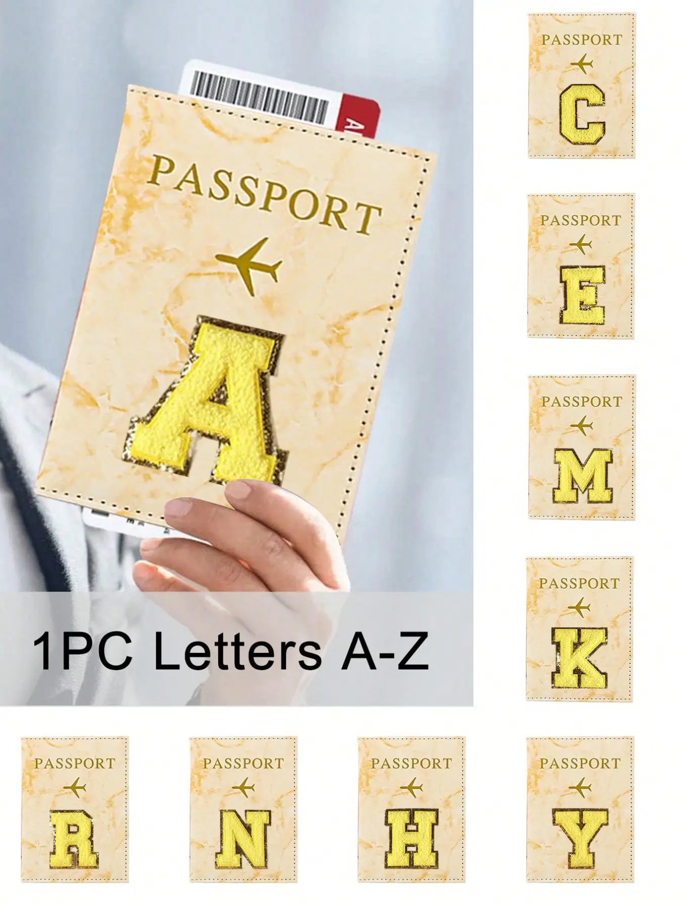 Passport cover, yellow towel embroidery with letter pattern; unisex RFID vintage business passport holder, portable and multifunctional; unisex, portable and multifunctional ID/card PU leather wallet sleeve