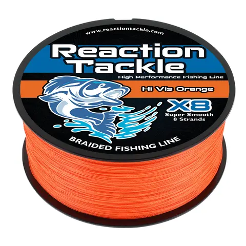 Hi-Vis Orange Braided Fishing Line - Reaction Tackle X4 & X8 Strand UHMWPE Braid, Zero Stretch, Small Diameter, Abrasion Resistant, 6-100lb, 150-3000yd Spools - High Visibility Line for Catfish, Carp, Striper