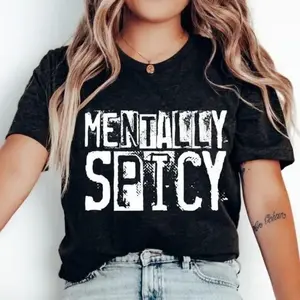 Women's "Mentally Spicy" Distressed Retro Sassy Graphic Short-Sleeve Basic Casual Top, Soft Fabric T-Shirt