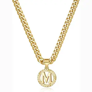 Initial Necklace Round Letter Pendant Hollow Capital Monogram 5mm Cuban Chain Necklace Alphabets from A-Z Dainty Jewelry for Women Men