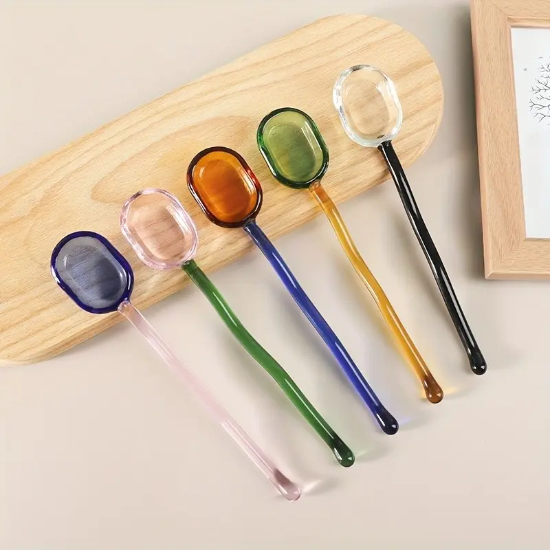 Creative Colorful Coffee Glass Spoons Set, High-Quality Milk Dessert Spoons, Transparent Heat Resistant, Small Cute Design Cutlery, Tableware, Kitchenware, Utensils, Dinnerware Utensils