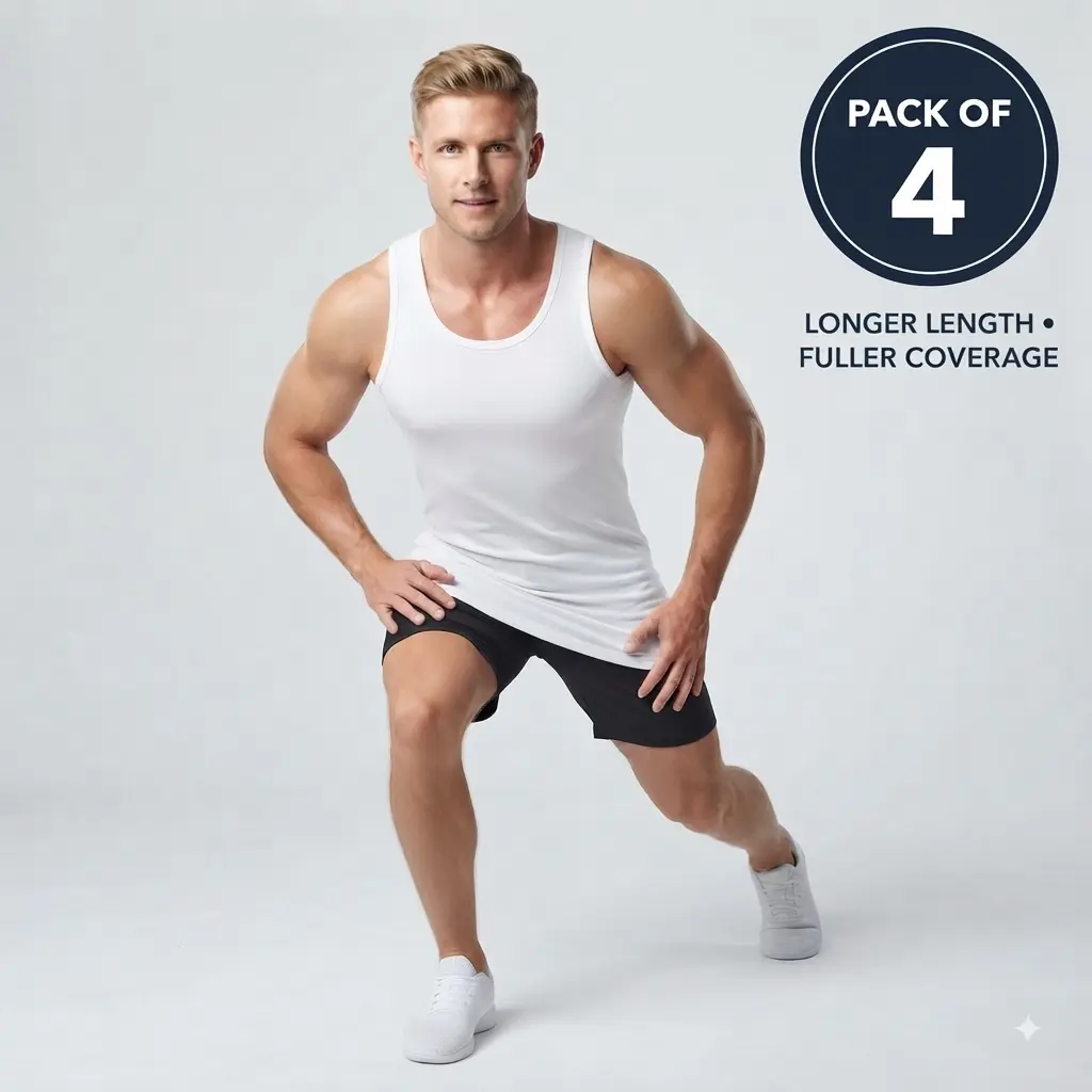 Men's 100% Cotton Extra Long Tank Top (4-Pack) – Extended Length Ribbed Undershirt for Gym & Casual Wear