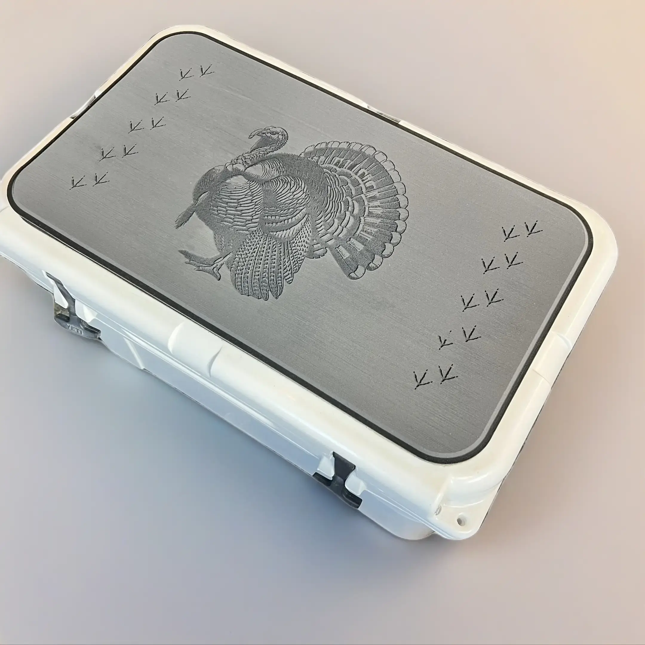 RTIC Cooler Pad with Strutting Gobbler and Turkey Tracks Logo - Top fits RTIC Cooler Lid - Dark Grey/Black Mat - Easy Peel and Stick Application - 3M Adhesive - Ice Box Camping Supplies, Camping Accessories, Nonslip, Anti-Slip Surface, Adventure Cooler Ac