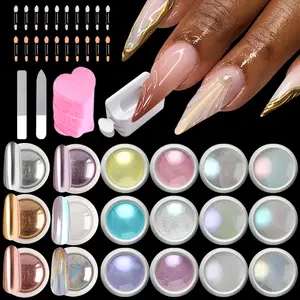 18colors Mermaid Powder Mirror Chrome Powder Nail Art Glitter Shimmer Mirror Pigment Aurora Pearl Dust Dip Chrome Nails Kit sets With 1Lint Free Cotton 1Pad Nail Powder Recycling Box 1Nail File Nano Glass Sponge Brush for Nail Art Decoration