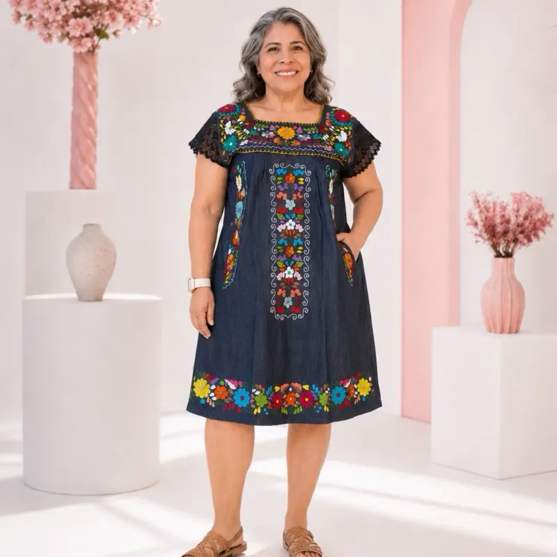 Vestido Yutzil mezclilla multicolor - Handmade Embroidered Dress in Oaxaca handmade in Mexico - bordado a manoo - mexican dress - vestido mexicano Women's Casual Handmade Embroidered Oaxaca Yutzil Denim Multicolor Dress -
