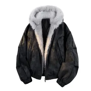 Men’s Winter Gradient Faux Suede Aviator Jacket with Thick Padding, Drop-Shoulder Fit, Warm Fur-Like Finish