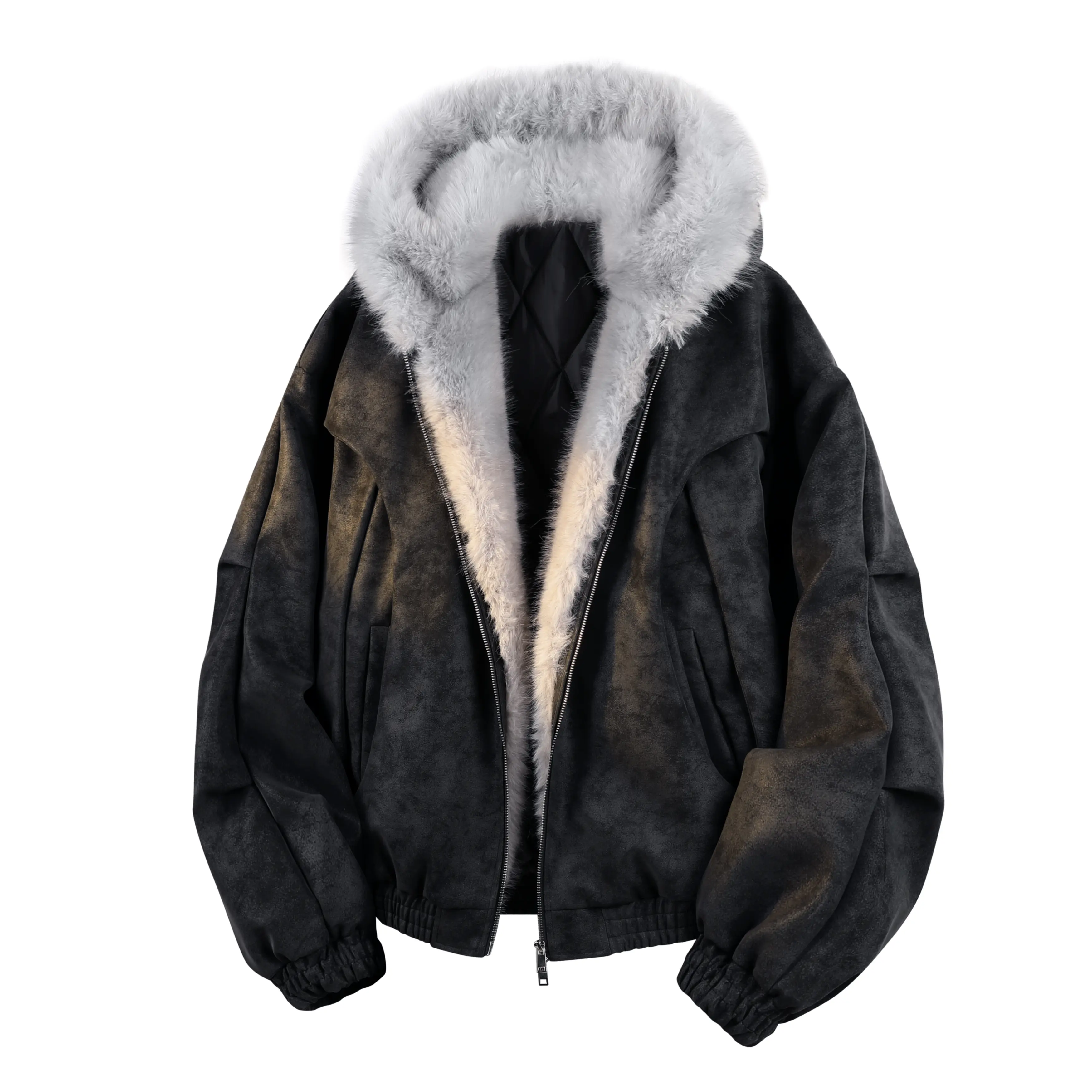 Men's Gradient Faux Suede Aviator Jacket - Casual Drop-Shoulder Winter Coat with Thick Padding and Fur-Like Finish, Tops, Menswear, Coats