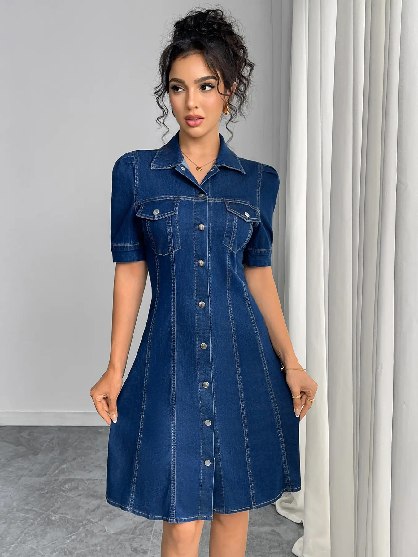 Women's Bubble Short Sleeve Denim Shirt Dress, Collar Front Button A-Line Midi Denim Dress, Summer Everyday Casual Dress for Women Lady Fit Womenswear