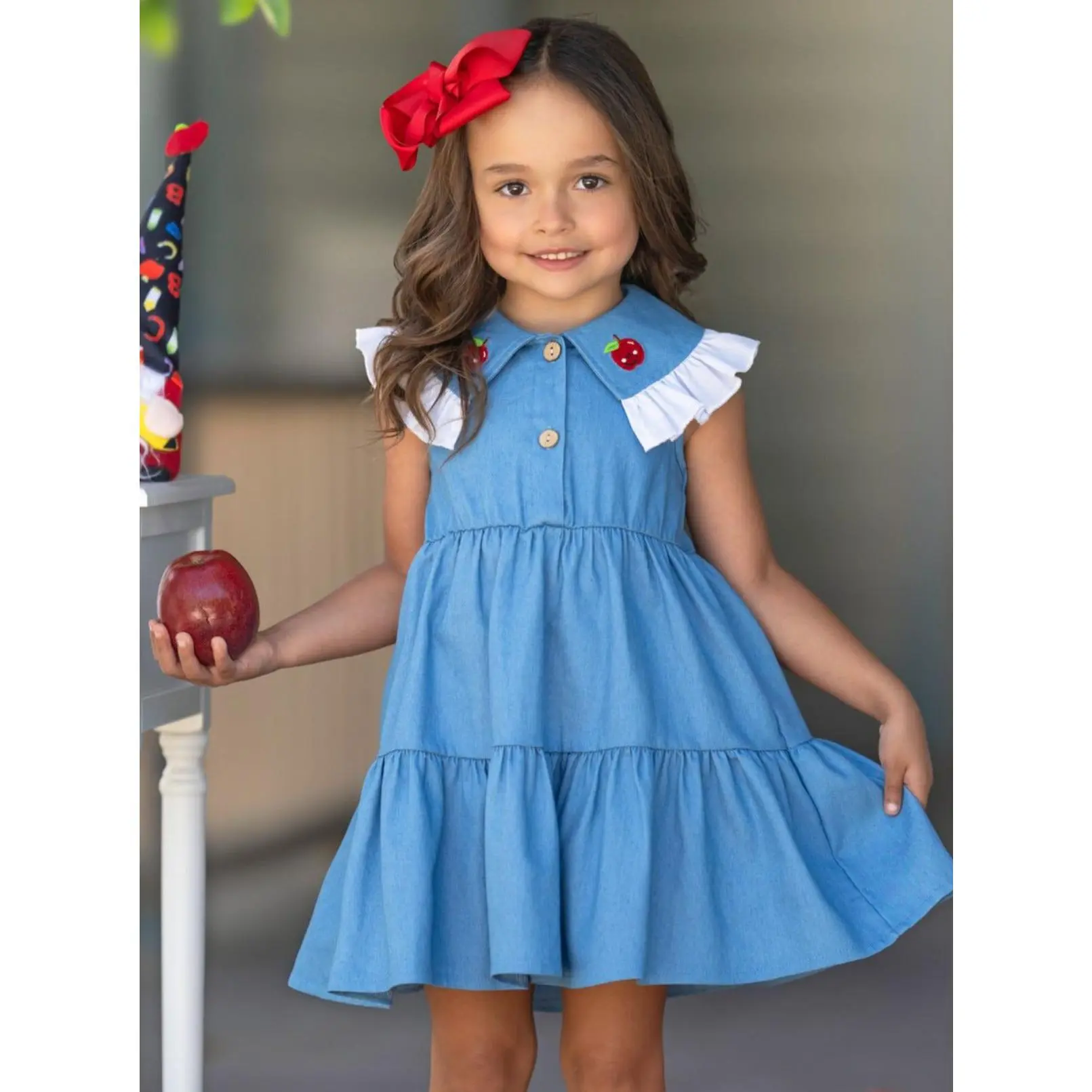 Extra Style Credit Ruffle Collar Denim Dress