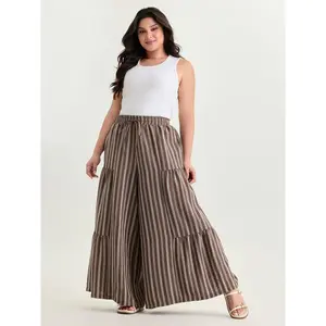 BLOOMCHIC Plus Size Textured Striped Print Tiered Wide-Leg Pants [M-6X] 2026 Summer Vibes