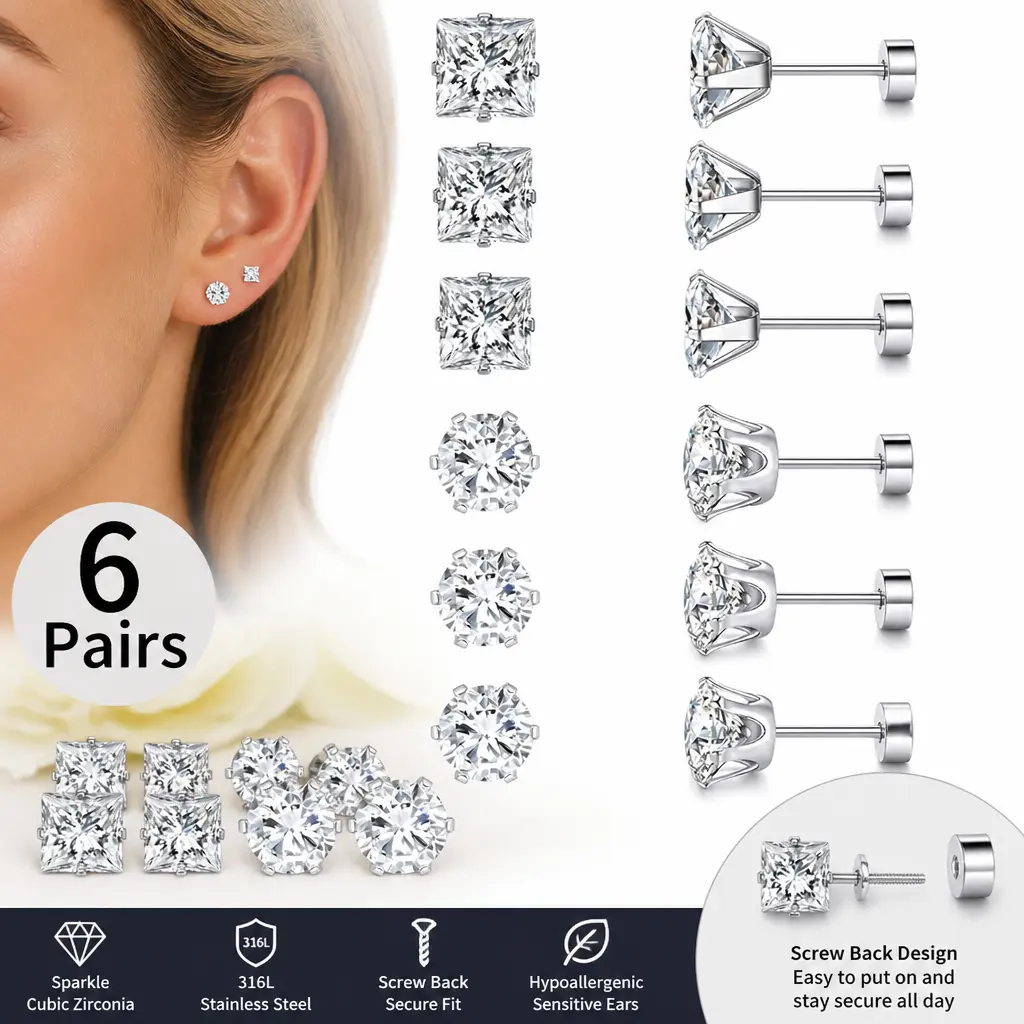 Women’s Hypoallergenic Earring Stacks Set - Titanium Surgical Steel Coated Screwback CZ Studs, 3mm/5mm/7mm Round/Square Princess Shapes, Secure Fit 6 Pairs for Sensitive Ears - Mid Year Sale Restock