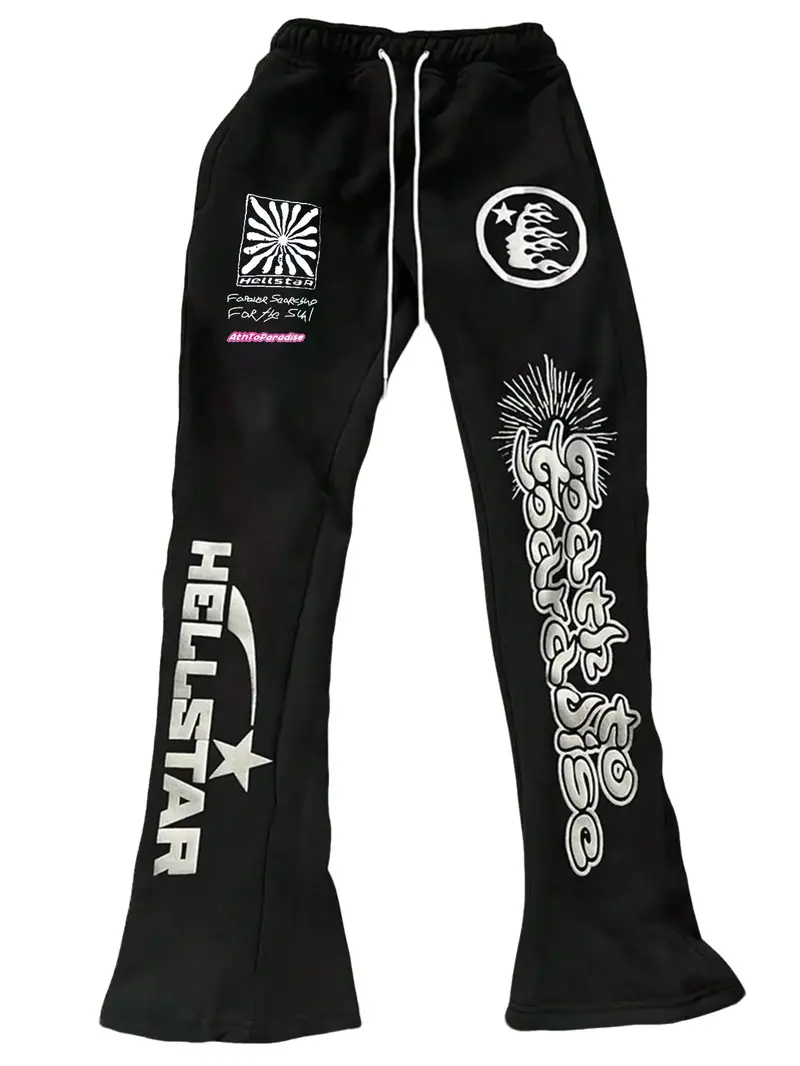 Men's Street Trendy Graffiti Hip Hop Long Pants Unique Design Comfortable Fit Black Color Versatile Casual Unisex Couple Style