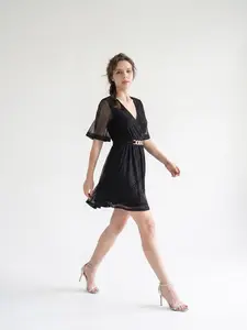 2026 New Plus Size Women's Sequin Dress, V Neck Mesh Sleeve Metal Chain Waist a Line Short Skirt, Birthday Party Evening Gown