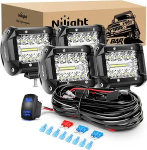 Nilight 4Pcs 4Inch 60W Triple Row LED Pods - 6000LM Flood Spot Combo Light Bar, 12V 5-Pin Rocker Switch, 16AWG 4-Conductor Wiring Harness Kit, Super Bright Round Offroad Lights for Trucks with Aftermarket, Semi Truck Accessories