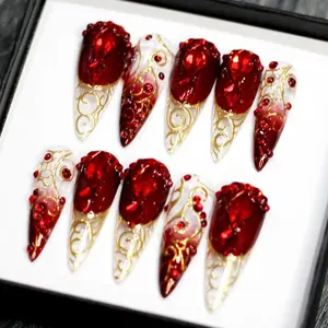 Ruby Red Press On Nails, Glitter Ombre Christmas False Nails