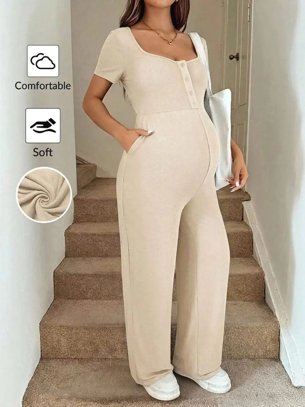 Maternity Jumpsuit, Adjustable Tie Waist Pregnancy Romper for Comfortable Everyday Wear