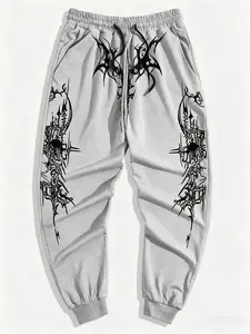 Dark Style Printed Jogger Pants, Loose Fit Elastic Waist Casual Athletic Jogging Sportswear, All Seasons Fitted Long Pants for Men, Printed Sweatpants
