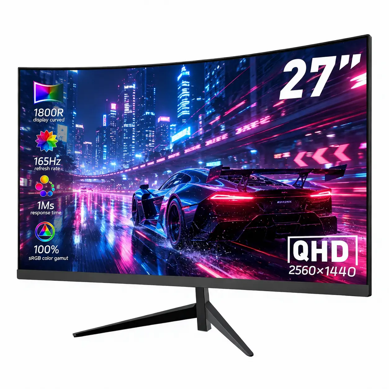 27" QHD 2K Curved Gaming Monitor Fast IPS, 165Hz, 1ms Response Time, 128% sRGB HDR Eye Care, DP HDMI, VESA Mount Metal Stand for PC Gaming