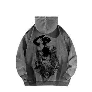Unisex 100% Cotton Washed Vintage CSM Anime Hoodie, Reze Character Print, USA-Made Dark Manga Street Style, Loose A-Line Fit Long-Sleeve Casual Men's Top