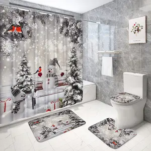 Christmas Snowman Hat Bathroom Set, Includes 4 Accessories, Bath Curtain, Toilet Lid Cover, Mat, U-Shaped Pad, Festive Holiday Decor